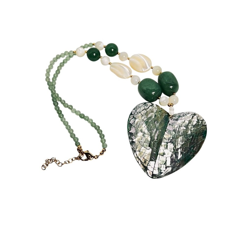 Lee Sands Aventurine MOP And Crackle Abalone Shell Heart Necklace (6274) - Picture 6 of 6